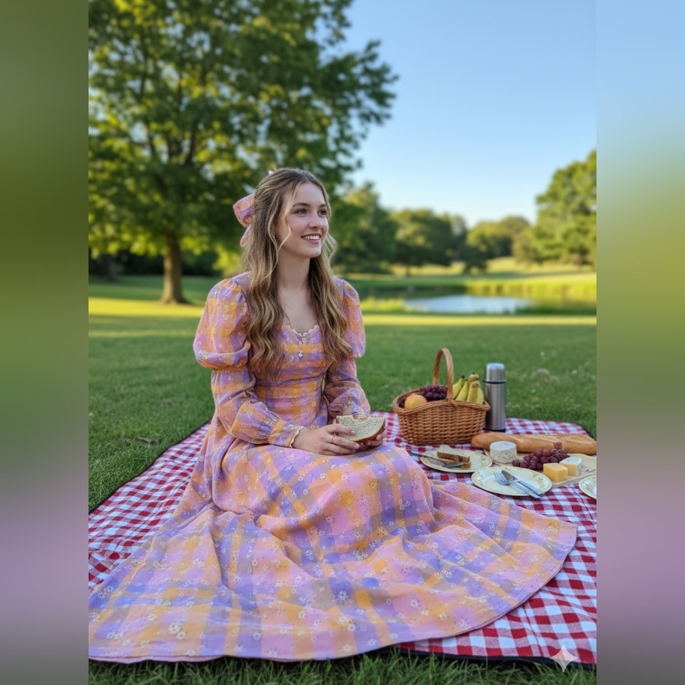Vintage Handmade Picnic Dress 70's 80's Plaid Daisy Maxi